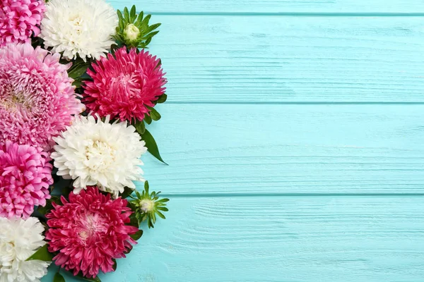 Gyönyörű Mesterek Hely Szöveg Világoskék Háttér Lapos Laikus Őszi Virágok — Stock Fotó