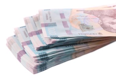 Beyaz arka planda 1000 Ukrayna Hryvnia banknotu, yakın plan
