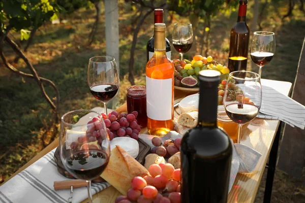 Vino Rosso Snack Serviti Pic Nic Sul Tavolo Legno All — Foto Stock