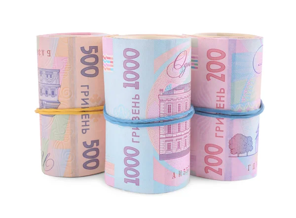 Rolls Ukrainian Money White Background — Stock Photo, Image