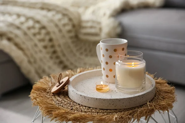 Cup Drink Burning Candles Stand Room Space Text Interior Elements — Stock Photo, Image
