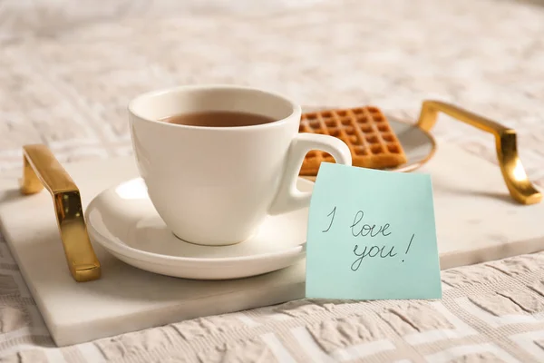 Paper Note Love You Cup Morning Drink Waffle Bed Romantisk — Stockfoto