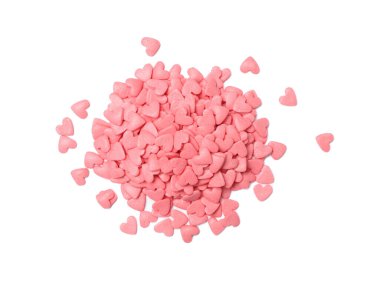 Beyaz arka planda tatlı kalpler yığını, üst manzara