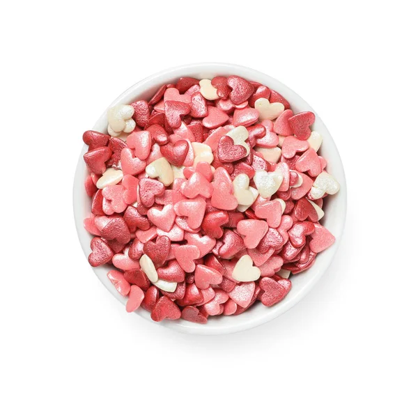 Sweet Candy Hearts Bowl White Background Top View — Stock Photo, Image