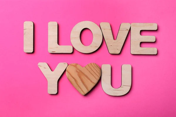 Phrase Love You Made Wooden Heart Letters Pink Background View — Stock Photo, Image