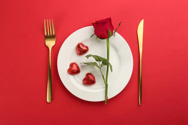 Beautiful Table Setting Valentine Day Dinner Red Background Flat Lay — Stock Photo, Image
