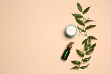 Bej arka planda salyangoz sümüğüyle yapılan organik kozmetik ürünlerinin düz bileşimi. Metin için boşluk