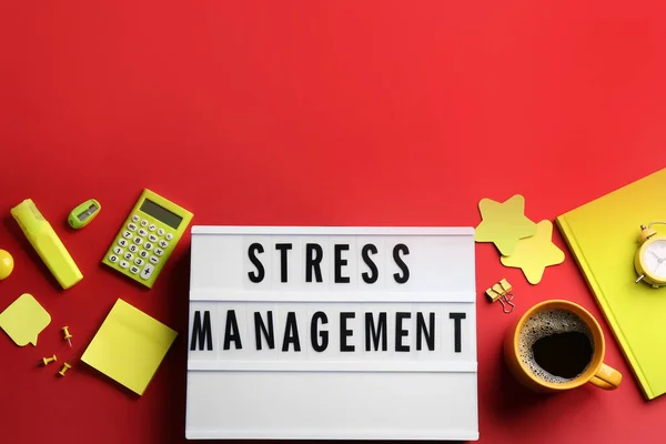 Vlakke Lay Compositie Van Lightbox Met Zin Stress Management Rode — Stockfoto