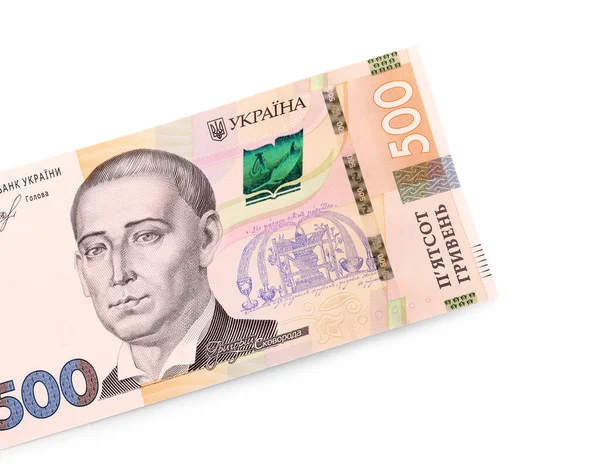 Nota 500 Hryvnia Ucraniana Sobre Fundo Branco Vista Superior — Fotografia de Stock