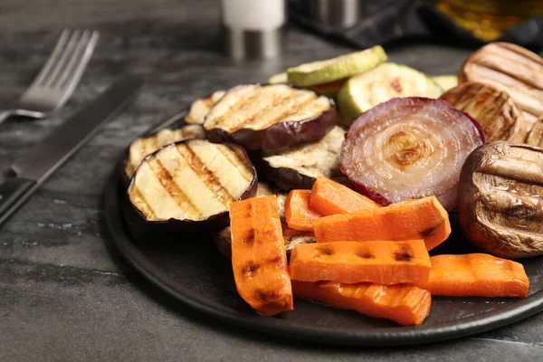 Delicious Grilled Vegetables Mushrooms Served Grey Table Closeup — Stock Photo, Image