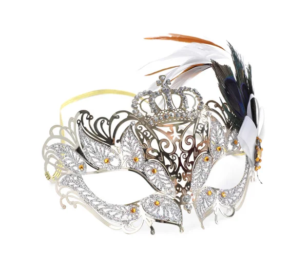 Frumoasă Mască Carnaval Pene Izolate Alb — Fotografie, imagine de stoc
