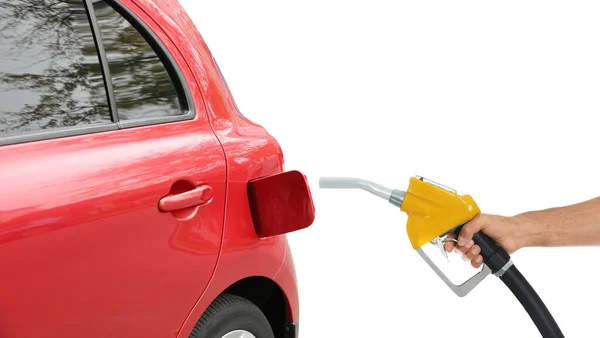 Funcionário Posto Gasolina Com Bico Combustível Perto Carro Fundo Branco — Fotografia de Stock