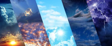 Photos of sky during different weather, collage. Banner design clipart