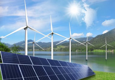 Alternatif enerji kaynakları. Güneş panelleri olan rüzgar türbinleri kıyıya yakın sulara yerleştirildi