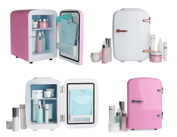 Állítsa Mini Hűtőszekrények Kozmetikumok Fehér Alapon — Stock Fotó