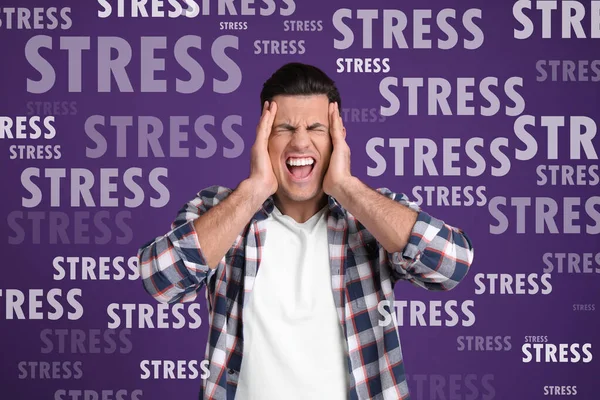 Stressed Young Man Text Violet Background — Stock Photo, Image