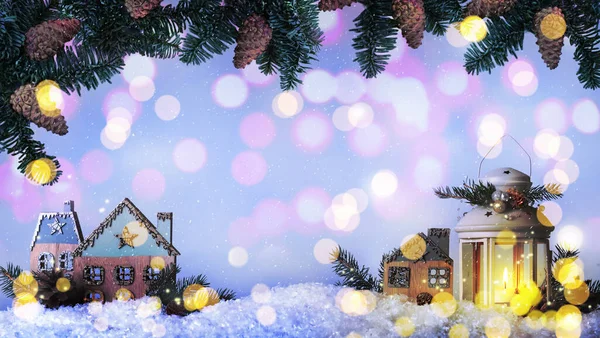 Красивая Композиция Винтажным Рождественским Фонариком Праздничными Украшениями Снегу Цветном Фоне — стоковое фото