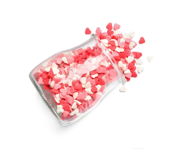 Jar Scattered Candy Hearts White Background Top View — Stock Photo, Image
