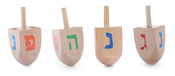 Hanukkah Dreidels Tradicionales Con Letras Sobre Fondo Blanco Collage Diseño — Foto de Stock