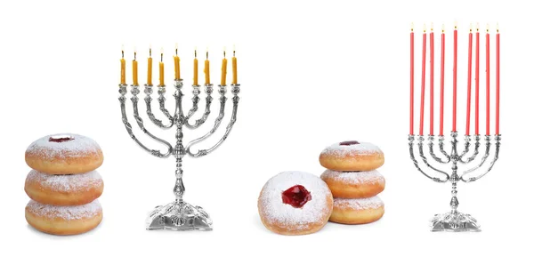 Hanukkah Doughnuts Silver Menorahs White Background Collage Banner Design — Stock Photo, Image