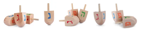 Hanukkah Tradycyjne Dreidele Literami Białym Tle Kolaż Projekt Banera — Zdjęcie stockowe