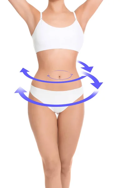 Concepto Metabolismo Mujer Joven Con Cuerpo Perfecto Sobre Fondo Blanco —  Fotos de Stock