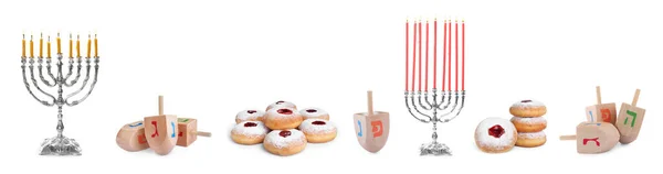 Set Met Houten Dreidels Donuts Zilveren Menorahs Witte Achtergrond Banner — Stockfoto
