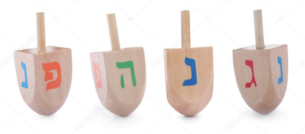 Hanukkah traditional dreidels with letters on white background, collage. Banner design