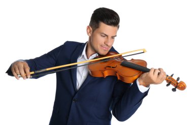 Beyaz arka planda keman çalan mutlu adam