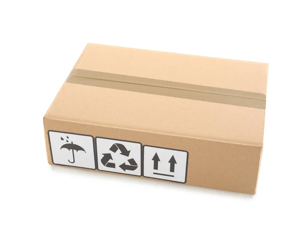 Caja Cartón Con Etiqueta Envío Aislada Blanco — Foto de Stock
