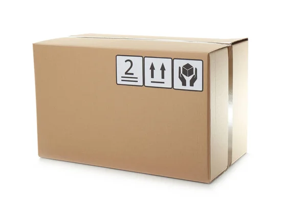 Caja Cartón Con Etiqueta Envío Aislada Blanco —  Fotos de Stock
