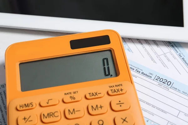 Calculatrice Tablette Documents Sur Table Gros Plan Comptabilité Fiscale — Photo