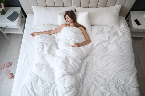 Tired Woman Sleeping Bed Home View — Stock Photo, Image