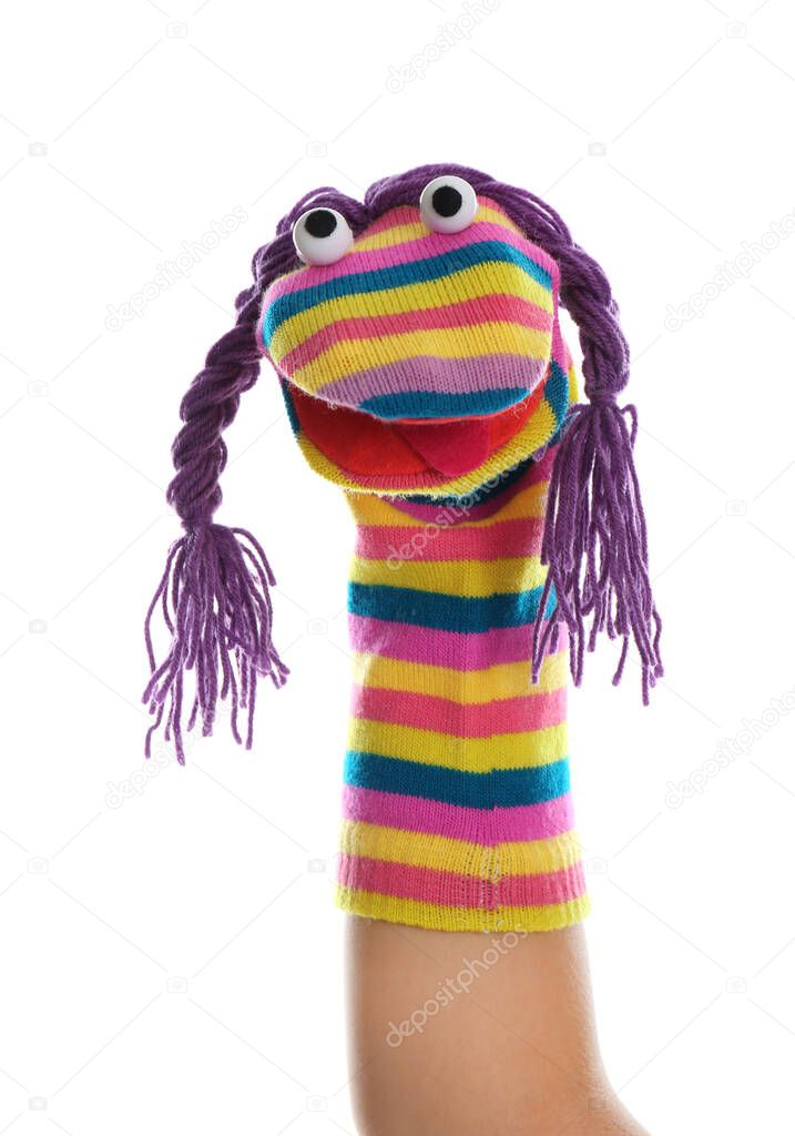 Funny sock puppet for show on hand against white background