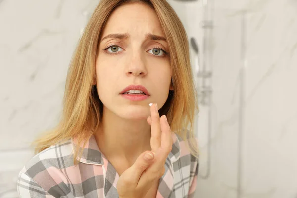 Woman Herpes Applying Cream Lip Bathroom — Stock Photo, Image