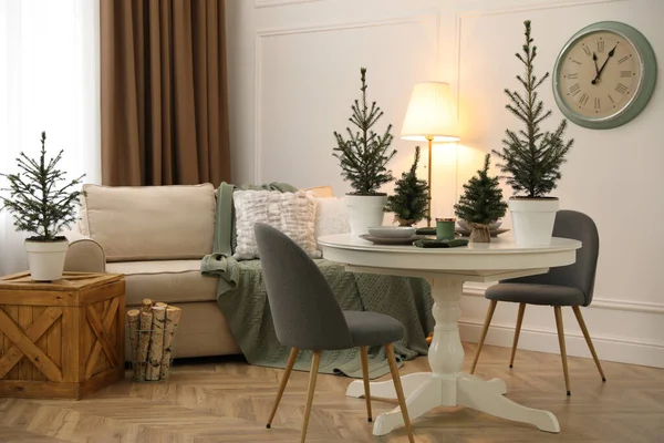 Mooie Kamer Interieur Met Eettafel Potted Sparren Bomen Kerstdecor — Stockfoto