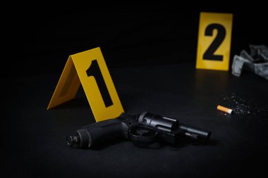 Crime scene markers and evidences on black background clipart