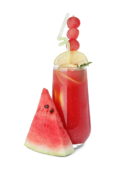 Leckeres Wassermelonengetränk Und Frisches Obst Auf Weißem Hintergrund — Stockfoto