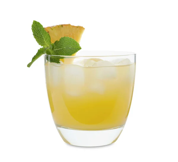 Delicious Fresh Pineapple Juice Mint Ice Cubes Isolated White — Stock Photo, Image