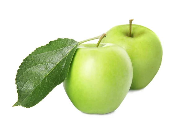 Свіжі Зелені Яблука Листям Ізольовані Білому — стокове фото
