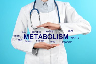 Metabolizma konsepti. Doktor mavi arkaplanda şema sunuyor, yakın plan