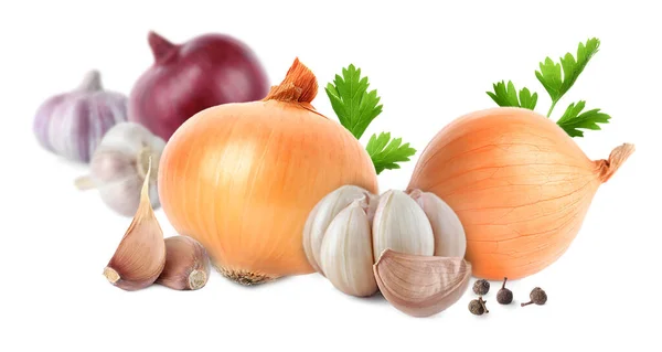 Mix Fresh Garlic Onions White Background Banner Design — Stock Photo, Image