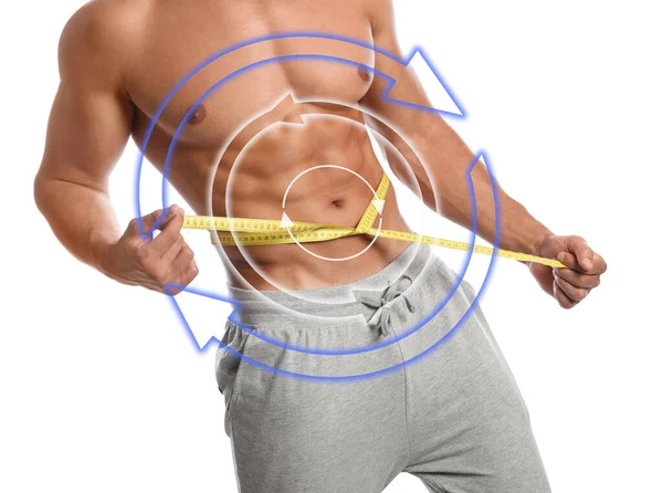 Metabolismus Muž Dokonalým Tělem Bílém Pozadí Detailní Záběr — Stock fotografie
