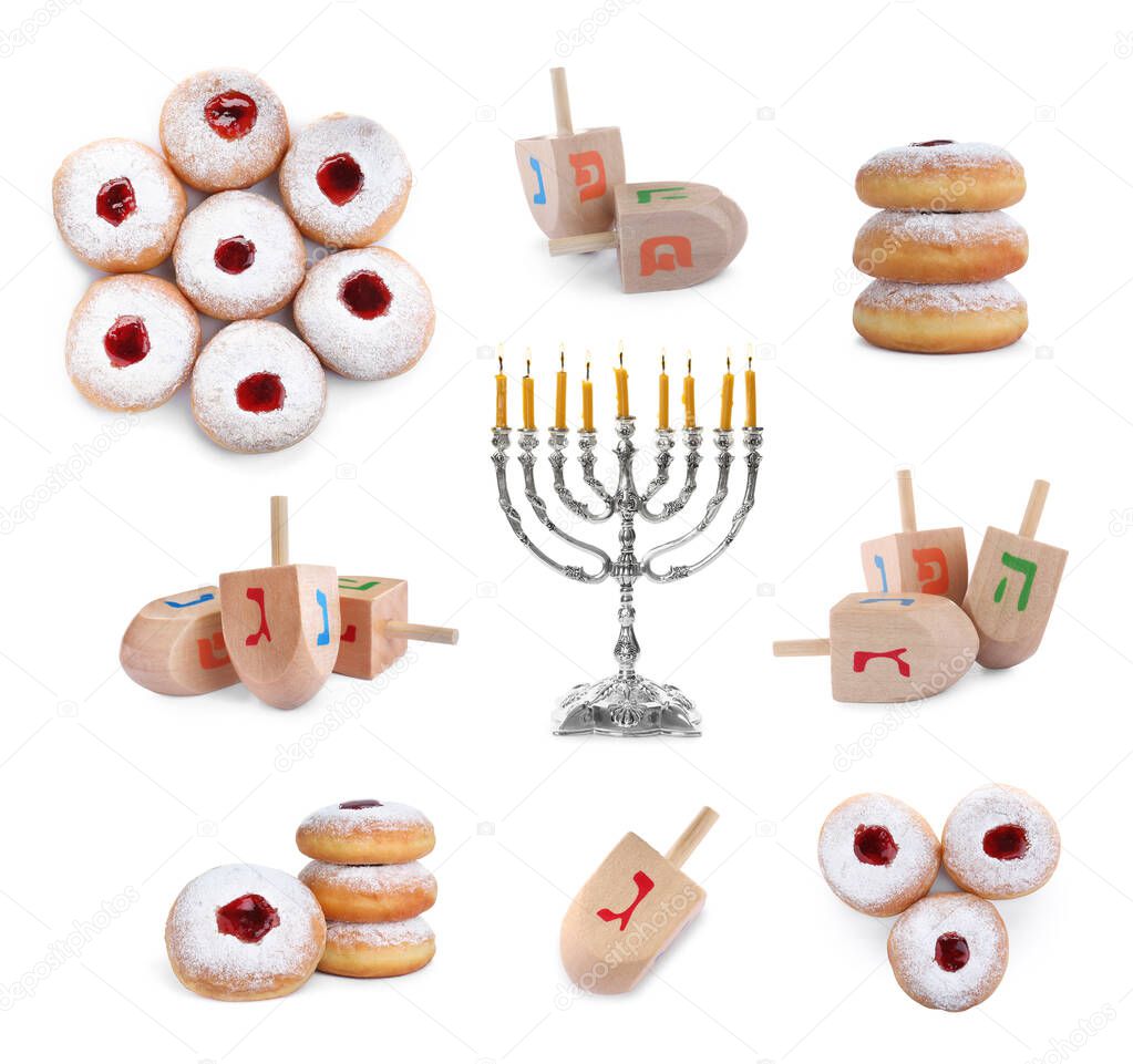 Set with wooden dreidels, doughnuts and silver menorah on white background. Hanukkah celebration