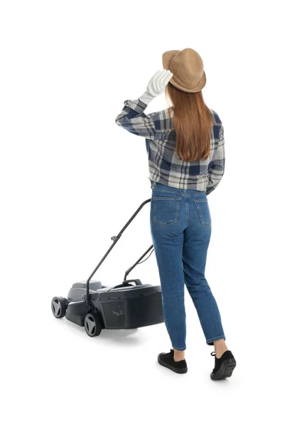 Jonge Vrouw Met Moderne Grasmaaier Witte Achtergrond Achteraanzicht — Stockfoto