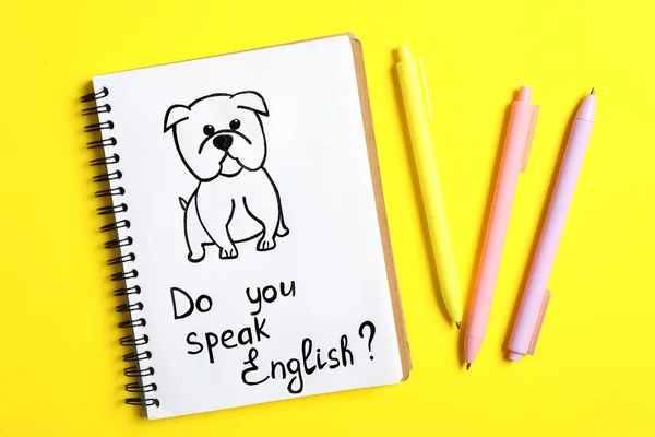 Notebook Otázkou You Speak English Pens Yellow Background Flat Lay — Stock fotografie