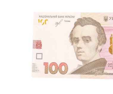 Beyaz arka planda 100 Ukrayna Hryvnia banknotu, üst görünüm