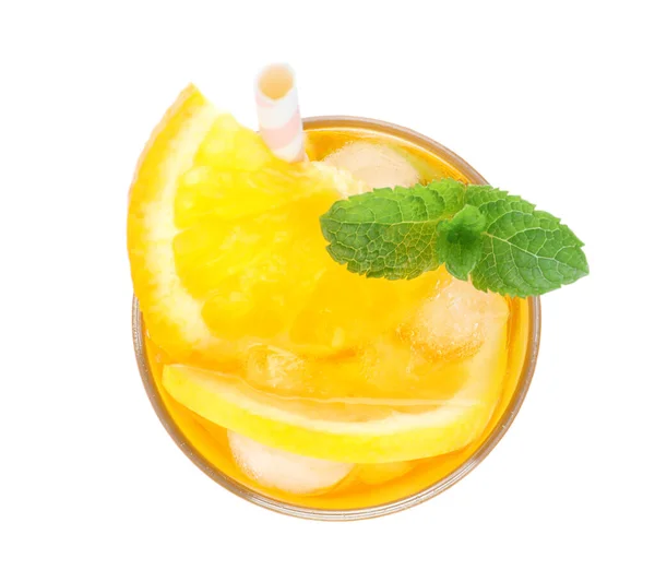Delicious Orange Lemonade Made Soda Water Isolated White Top View — Stock Photo, Image