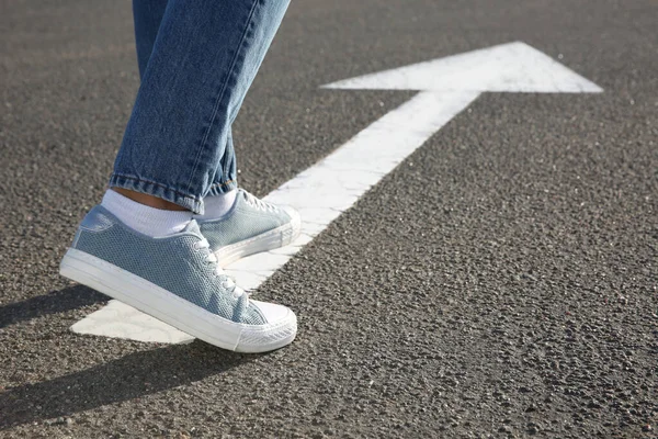 Woman Going Road Arrow Marking Closeup — Stock Photo, Image