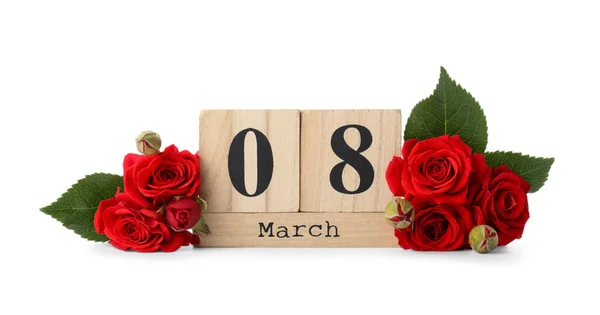 Calendario Bloques Madera Con Fecha Marzo Rosas Sobre Fondo Blanco —  Fotos de Stock